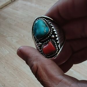 Turquoise and Coral Silver Ring